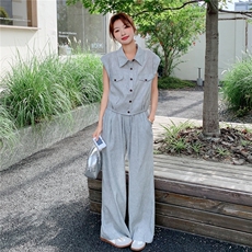 老钱风休闲马甲高腰阔腿裤套装女2025夏季新款韩版复古工装两件套，女装套装/套裙，2C203