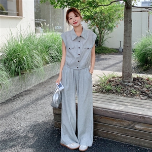 老钱风休闲马甲高腰阔腿裤套装女2025夏季新款韩版复古工装两件套图片