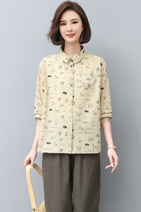 衬衫女长袖2022秋装新款时尚印花韩版宽松Polo领显瘦衬衣潮图片