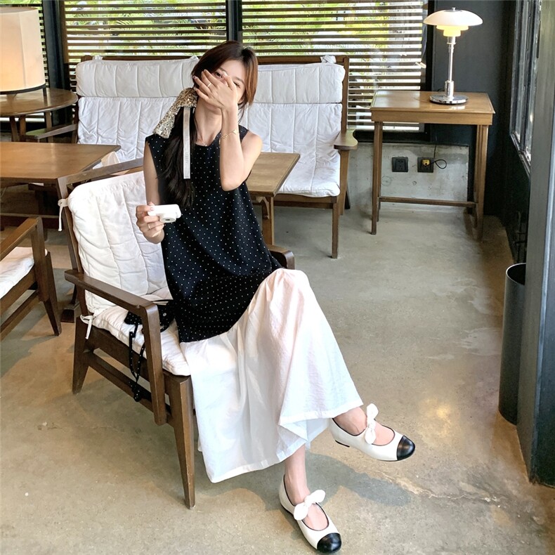 超好看复古波点拼接无袖背心连衣裙女夏2025新款独特漂亮气质长裙,女装连衣裙,2C217