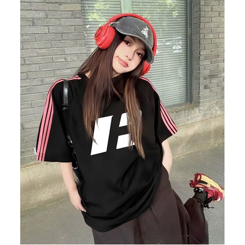 抖音得物品质二开240克宽松纯棉美式潮牌印花三条杠中性风短袖T恤,男装T恤,电商A486-1