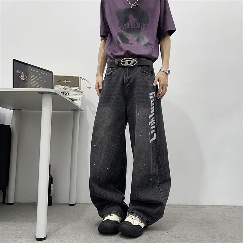 美式水洗印花牛仔裤男女嘻哈宽松复古阔腿裤子弯刀裤NZ0158-P52,男装牛仔裤,星座308B-1