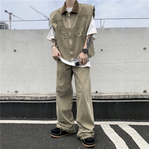 套装美式潮牌复古牛仔夹克男廓形设计马甲宽松搭配一套W5842-P120图片