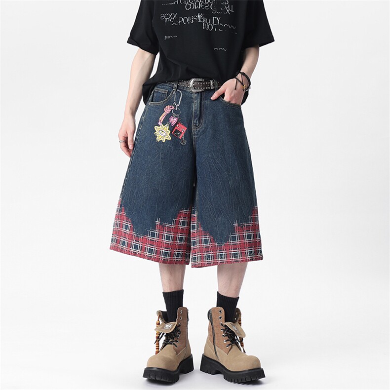 Q7626油漆印花闪电纹美式牛仔7分裤(P55X85)2,男装休闲裤,电商C315