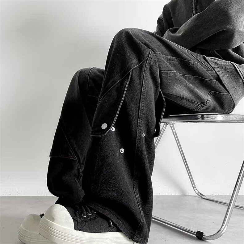 长裤春秋日常美式复古蓝色排扣牛仔裤潮男裤子直筒纽扣常规青少年,男装牛仔裤,星座506