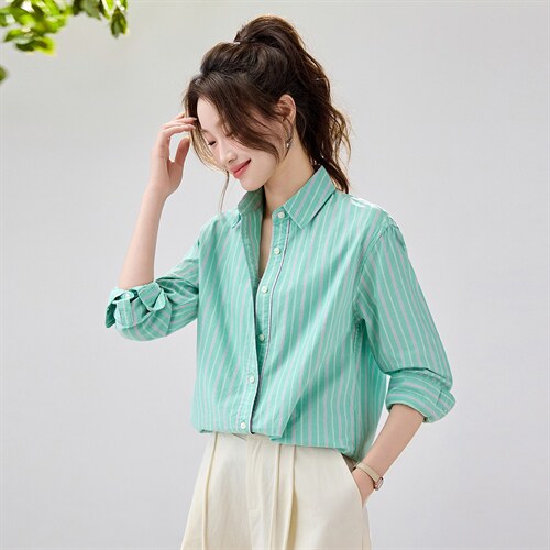 2026春夏新款黄蓝条纹衬衫女宽松显瘦元气少女感衬衣韩系清爽竖条，女装衬衫，艾米