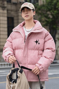 港风冬季新款棉衣男印花宽松PU皮立领面包服大码外套男MY625-P128图片
