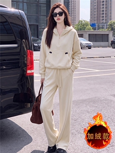 时尚运动风加绒套装女秋冬高级感加厚连帽卫衣高腰阔腿长裤两件套图片