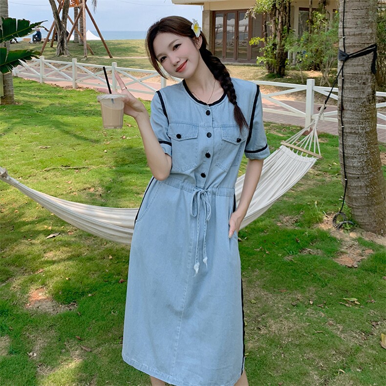 时尚显瘦牛仔连衣裙女夏季新款韩版宽松学生百搭裙子,女装连衣裙,秋水欣儿