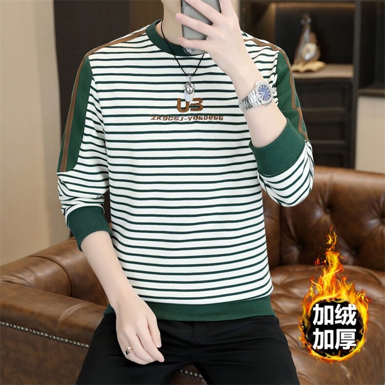 男士休闲时尚圆领拼接条纹刺绣套头圆领卫衣打底加绒P52常规47,男装T恤,星座310B-3
