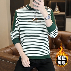男士休闲时尚圆领拼接条纹刺绣套头圆领卫衣打底加绒P52常规47，男装T恤，星座310B-3