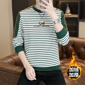 男士休闲时尚圆领拼接条纹刺绣套头圆领卫衣打底加绒P52常规47图片
