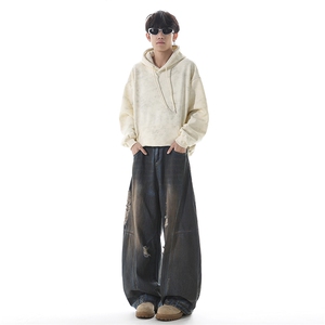 美式复古做旧脏染阔腿牛仔裤男女高街hiphop宽松ZT8017 P57图片
