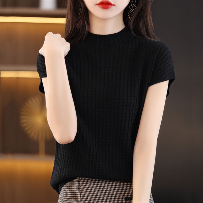 2025时尚显瘦气质优雅女士半高领精纺立体方块短袖,女装T恤,暖烁羊绒