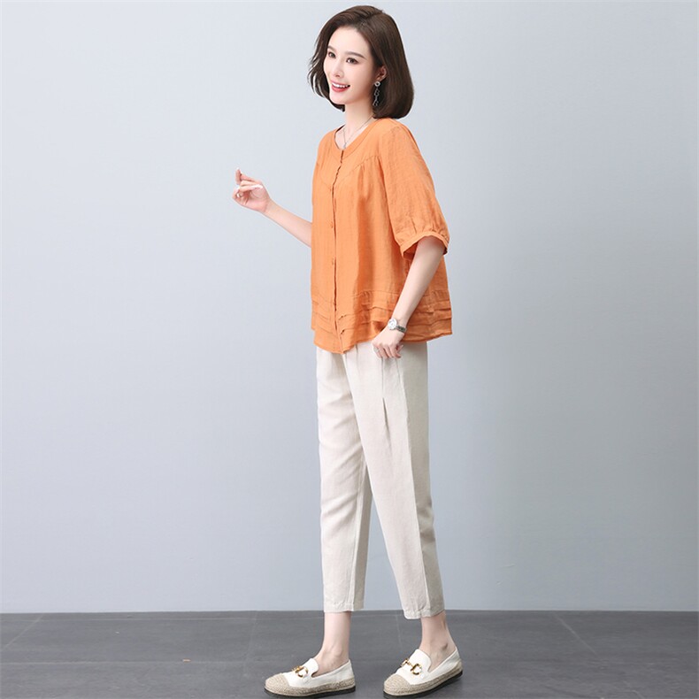 妈妈夏装套装女薄款2023新款时尚洋气高端休闲减龄短袖衬衫两件套,女装套装/套裙,忆绮罗