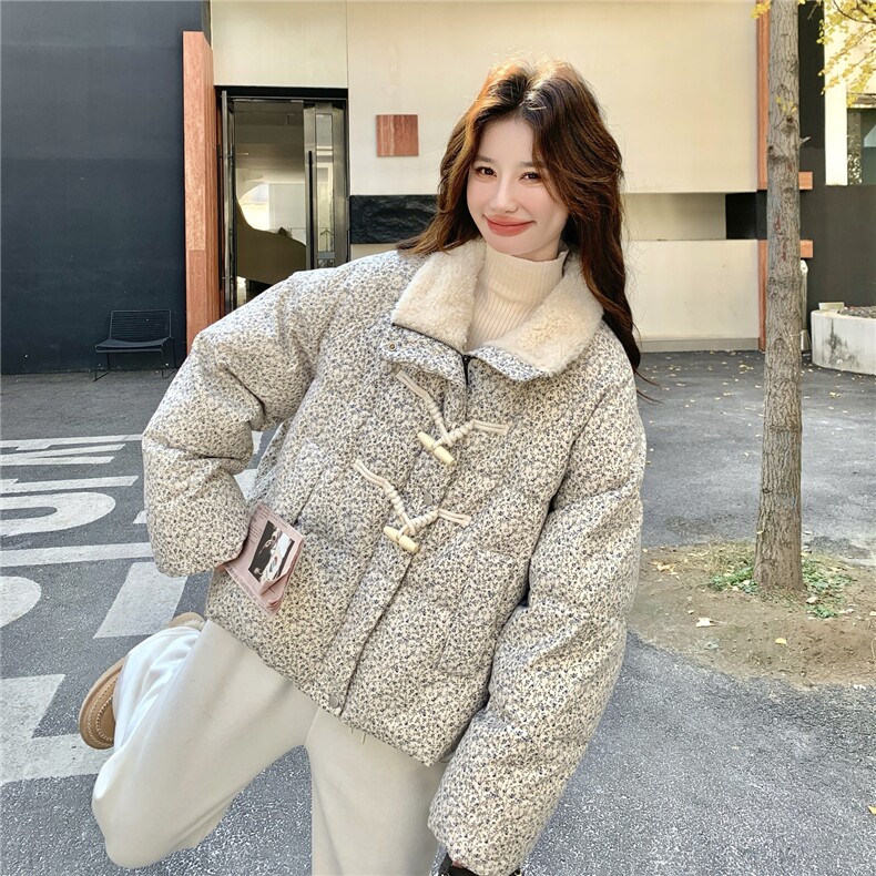 撞色短款小香风碎花羽绒服2025新款女冬独特漂亮毛绒领派克服外套,女装羽绒服,慧尚2-185