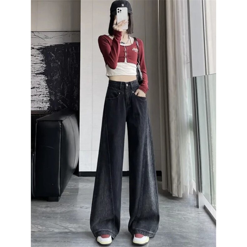 AK2209-P50拼接高腰阔腿牛仔裤新款宽松显瘦直筒拖地裤,女装休闲裤,星座617A-2