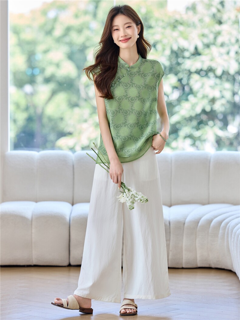 2026夏季新款新中式复古高端气质斜襟盘扣无袖上衣阔腿裤两件套女,女装套装/套裙,简韵佳