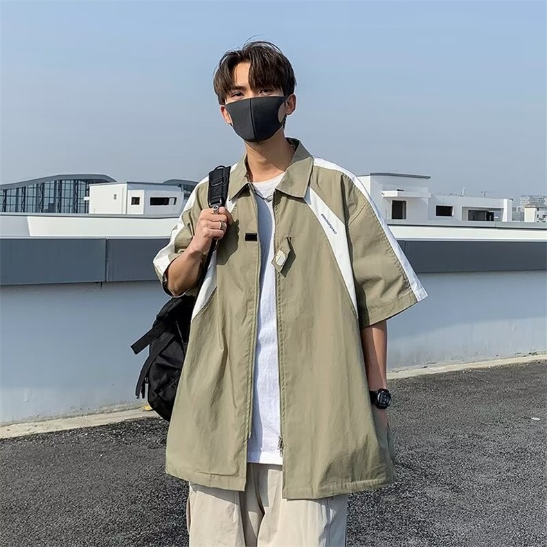 夏季潮牌拼色短袖衬衫男美式街头拉链宽松情侣Polo衫学生,男装衬衫,星座716-3