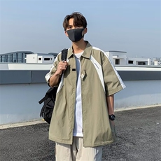 夏季潮牌拼色短袖衬衫男美式街头拉链宽松情侣Polo衫学生，男装衬衫，星座716-3