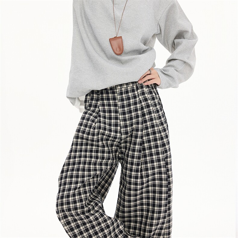 美式复古格子百搭宽松挽边阔腿裤男女2025秋季拖地长裤YD9056-P70,男装休闲裤,星座509