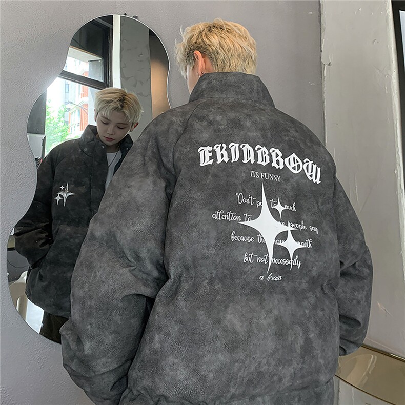 港风PU皮复古做旧可拆卸四芒星胸针设计棉衣男MY77721P128控168，男装棉衣，星座227-7