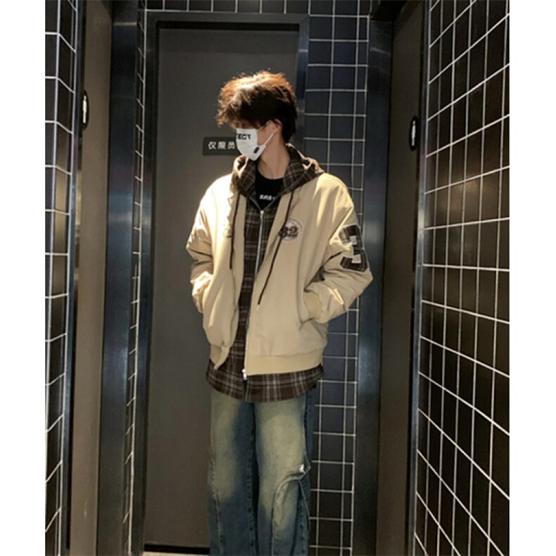 刺绣潮牌棉服外套复古格子假两件连帽冬季加厚保暖棉衣JY66,男装棉衣,星座1116A（原606A-3）