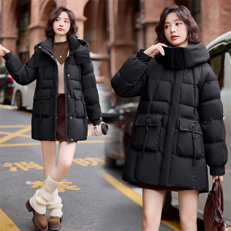 美拉德咖色宽松羽绒服女2024冬季新款大口袋连帽中长款白鸭绒外套,女装羽绒服,悦祺