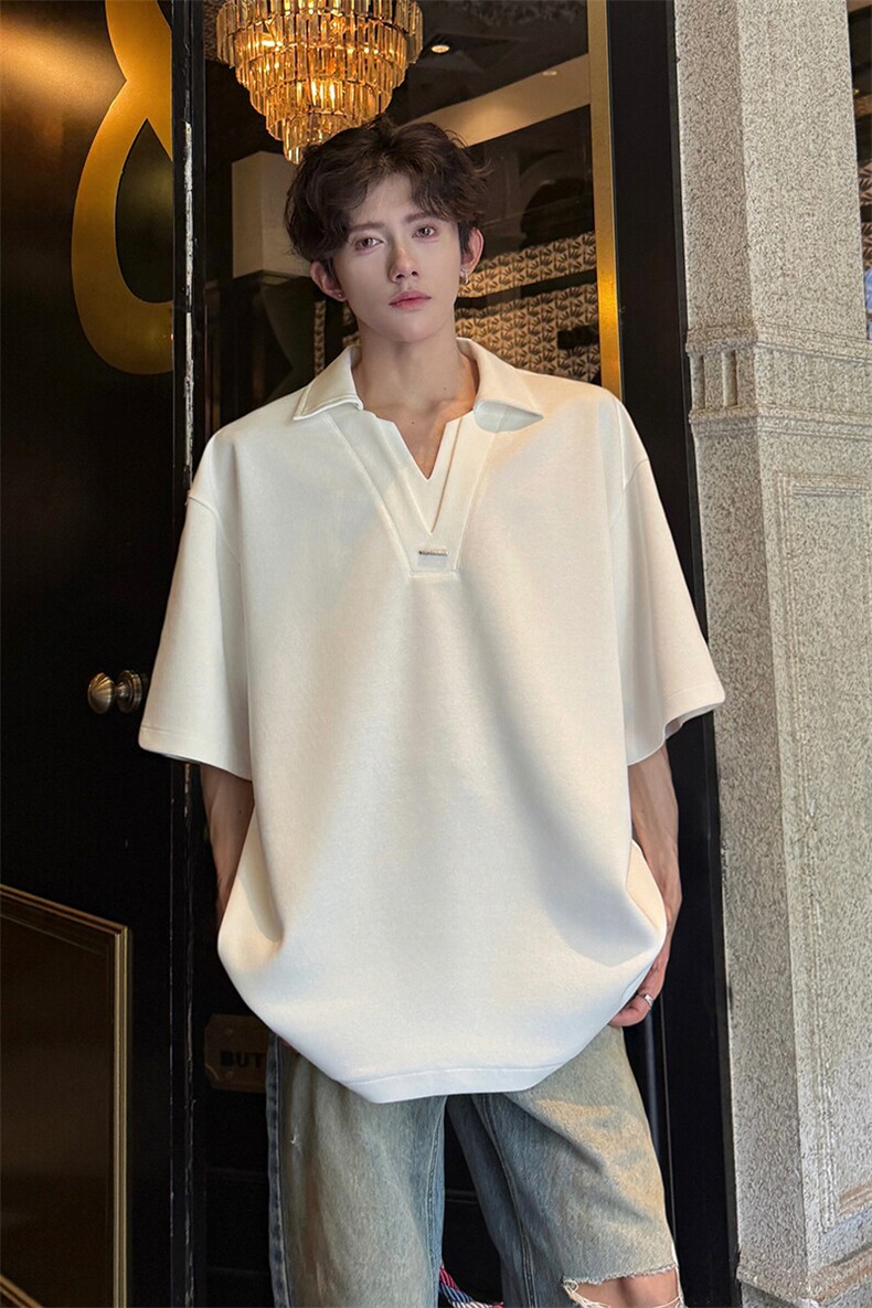 夏季港风宽松假两件V领POLO衫潮短袖T恤衫XZ811A-T145-P45,男装T恤,星座811A