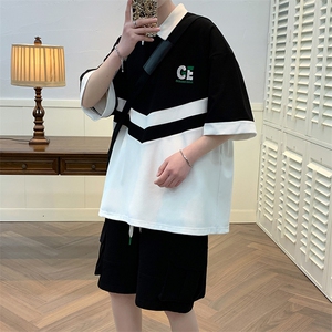 夏季港风运动冰丝短袖POLO衫套装男情侣半袖短裤两件套 6628-P60图片
