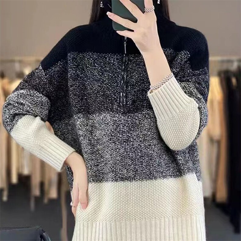 秋冬拉链高领100%羊毛衫女复古撞色长袖毛衣宽松慵懒羊绒针织打底,针织衫/毛衣,萱芳婷羊绒