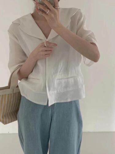 2021夏季新款麻料短袖衬衫韩版现货，女装衬衫，雨木其