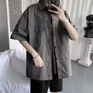 男短袖工装衬衫夏季日系潮牌半袖外套纯棉大口袋休闲宽松半袖衬衣图片