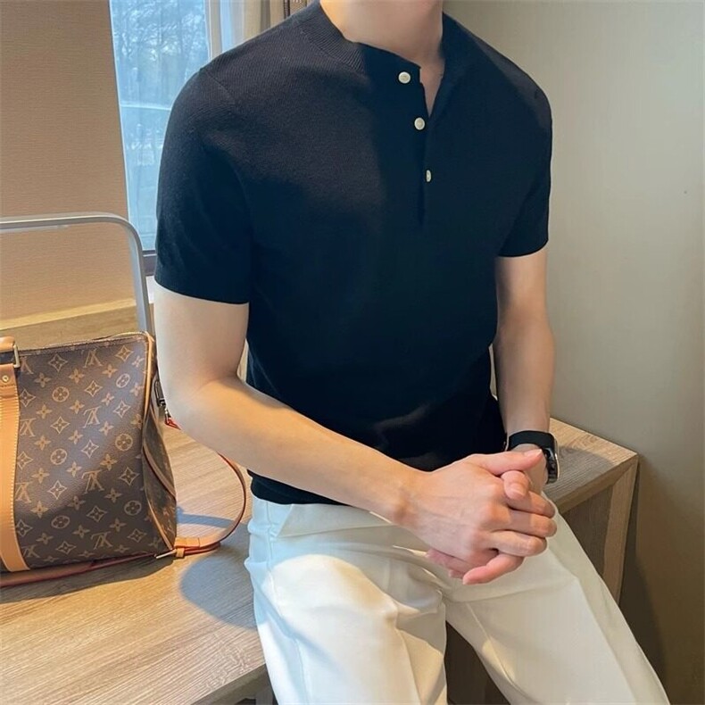 W9778-P45网图现货亨利领夏季冰丝凉感短袖T恤老钱风百搭针织衫,男装T恤,星座1608-2