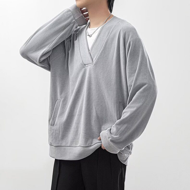 灰色基础款V领卫衣男女简约ins百搭休闲套头长袖体恤上衣W65,男装T恤,星座1116A（原606A-3）