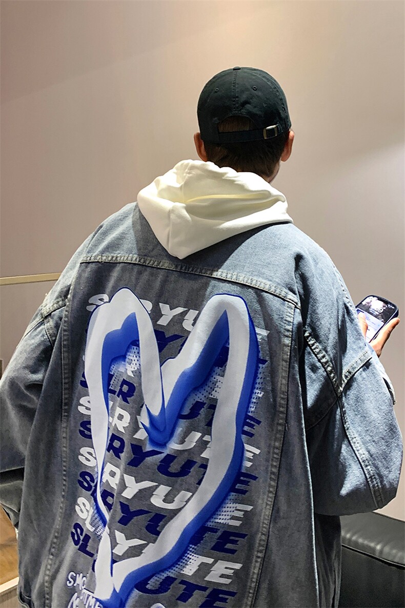 男装翻领夹克23春秋季爱心字母印花男生牛仔外套XZ514-2-N56-P88,男装工装外套,星座514-2(原B239)