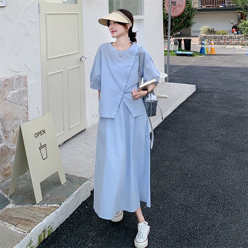 温柔穿搭时尚蓝色衬衫薄款套装长裙女夏新款洋气别致半身裙两件套,女装套装/套裙,2C176