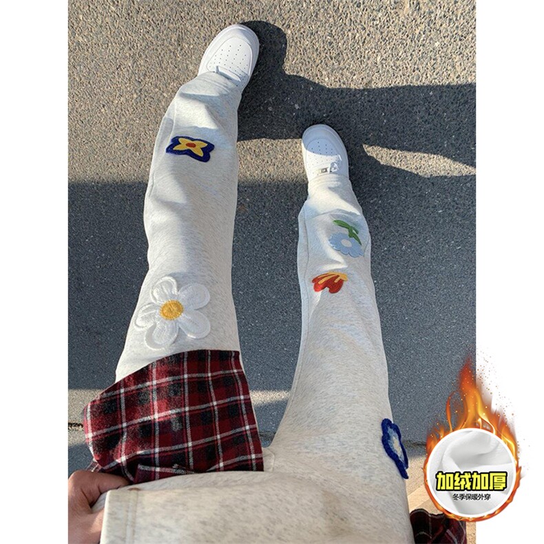 抖音得物高品质秋冬季重磅花卉刺绣潮流运动宽松加绒直筒休闲卫裤，男装休闲裤，电商A486