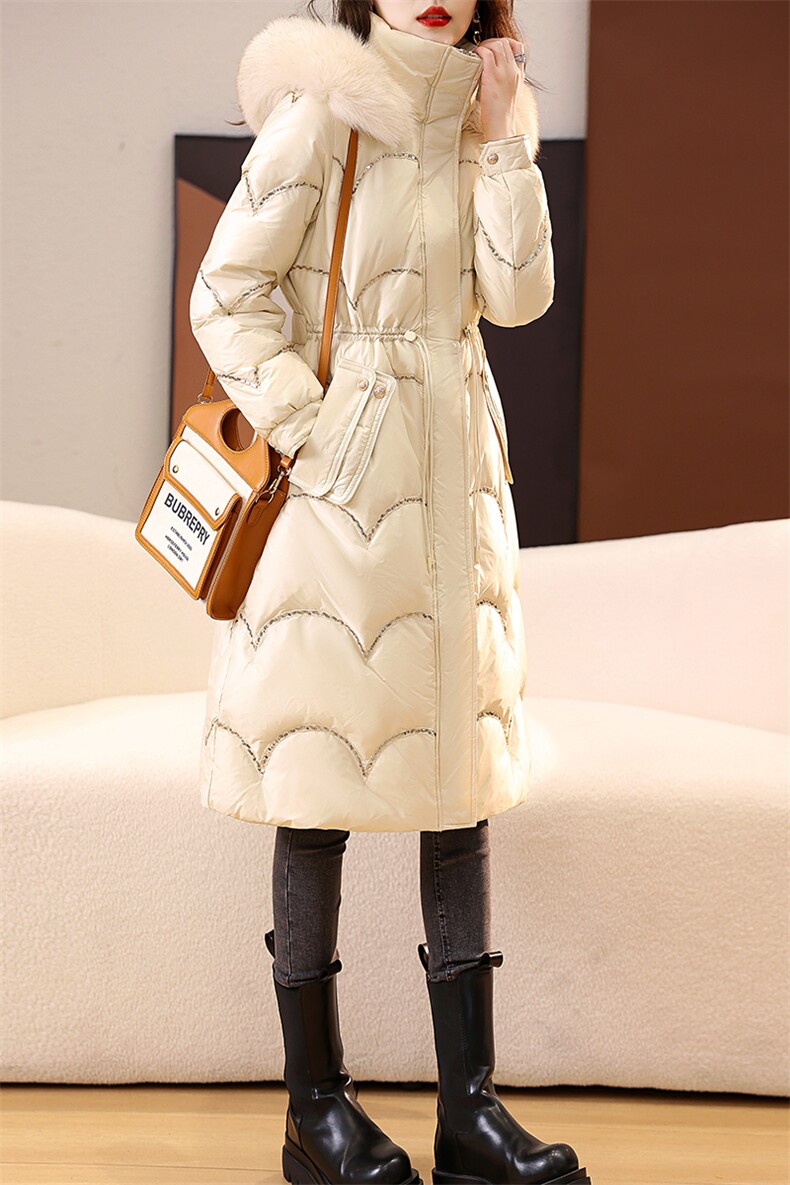 2022女冬新潮流工艺纯色气质中长款舒适保暖狐狸毛羽绒服90%外套,女装羽绒服,艾贝斯