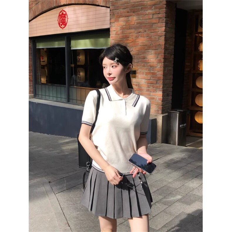 夏季新款女士简约时尚舒适POLO领短袖学院风短袖，女装T恤，恒旺羊绒
