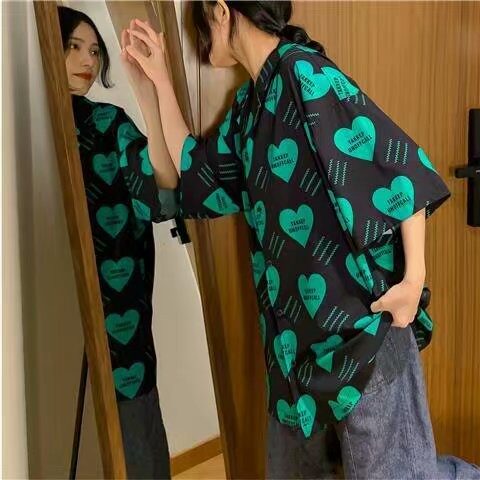 爱心印花短袖衬衫女复古bf港味宽松西装领设计感韩版衬衣女夏,男装T恤,星座1210-1