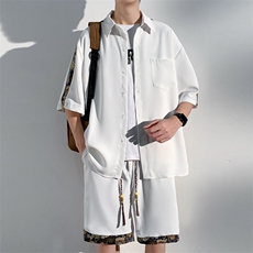 1小熊短袖衬衫男+短裤大码M-5XL套装92%聚酯纤维8%氨纶TZ77058P70，男装衬衫，星座226-2