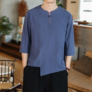 风夏盘扣宽松短袖休闲T恤男汉服大码七分袖上衣男M139P40，男装T恤，钱塘788(原4013)