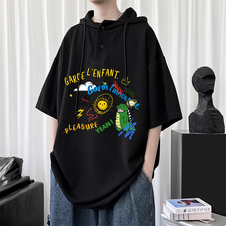 LD54219-P45 连帽短袖t恤男大码胖子带帽五分袖中袖图片