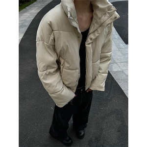 现货5W件冬季三防重磅硬挺boxy短款羽绒立领PU皮棉衣外套加厚棉服,中长款无领皮草搭配图片