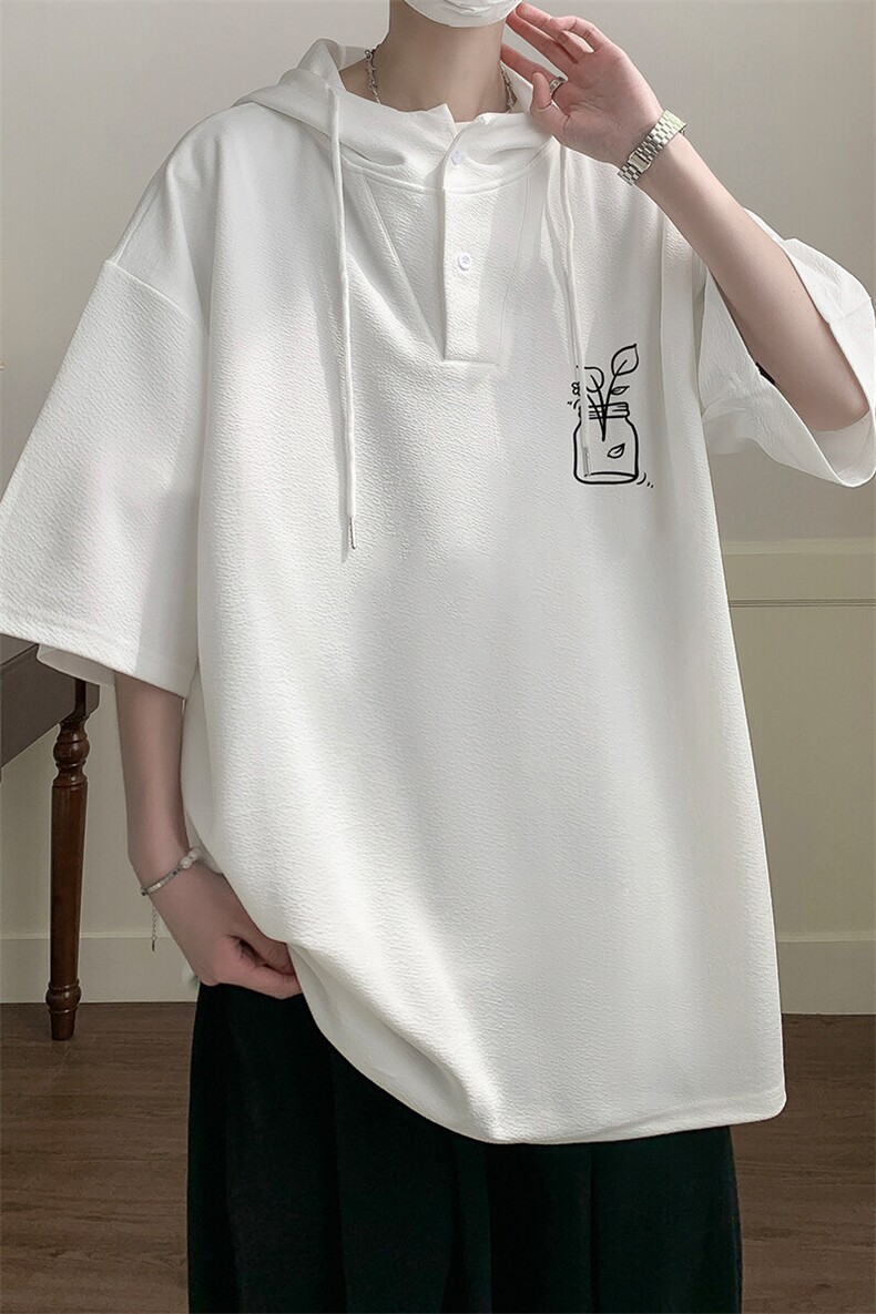 LD5430-P45连帽短袖t恤男大码胖子带帽五分袖中袖,男装T恤,电商A040