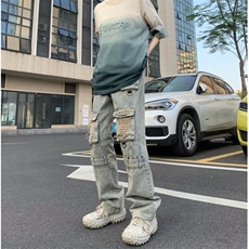 美式水洗牛仔裤高街设计感潮牌复古立体贴袋多口袋直筒BK36-P75，男装牛仔裤，星座1109-3