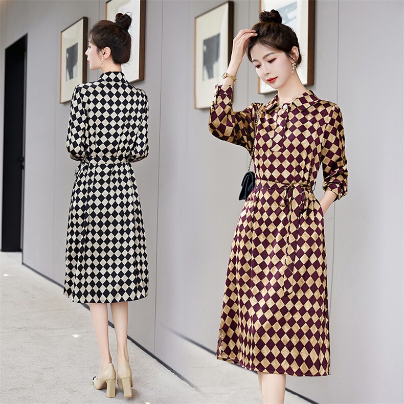 香莘料2023年冬季韩版新款菱形格丝光连衣裙6906，女装连衣裙，香莘料
