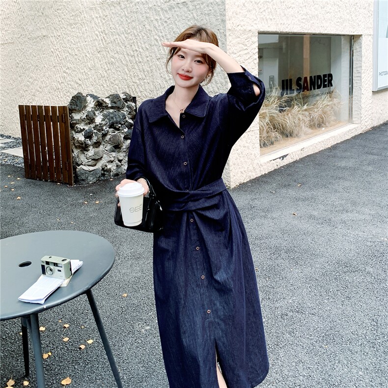轻熟风藏青色长袖牛仔衬衫连衣裙女春秋超火巨好看单排扣气质长裙,女装连衣裙,2C293