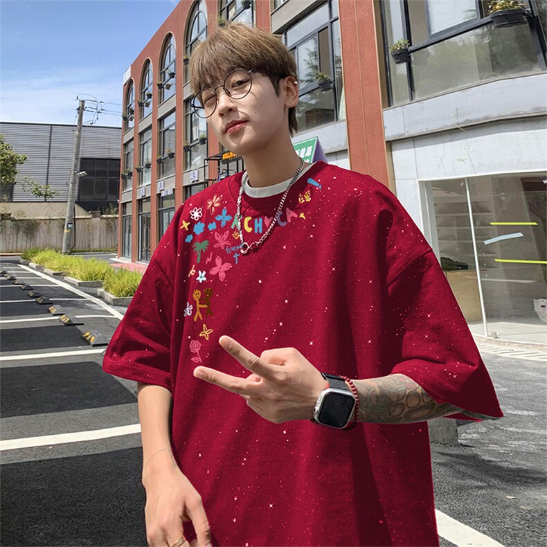 可48小时发货支持抖音得物来样二开美式满天星亮片短袖T恤MTX715,男装T恤,电商A486-1